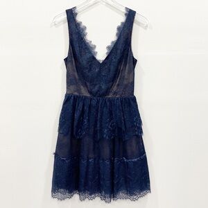 BCBGMaxAzria Willa Navy Lace Mini Cocktail Dress V-Neck Layered Ruffle Evening S